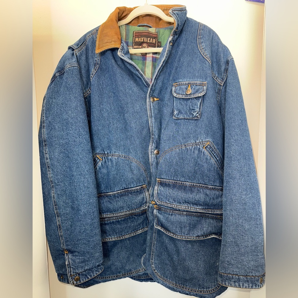 Vintage Maxwear Flannel Lined Denim Chore/Barn Jacket with Leather Collar M-XL
